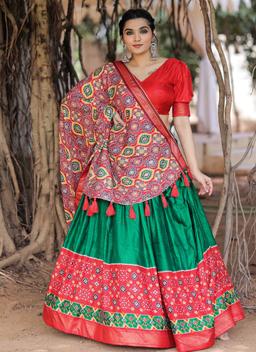 Patola Print Foil Work Green Dola Silk Lehenga Choli Set